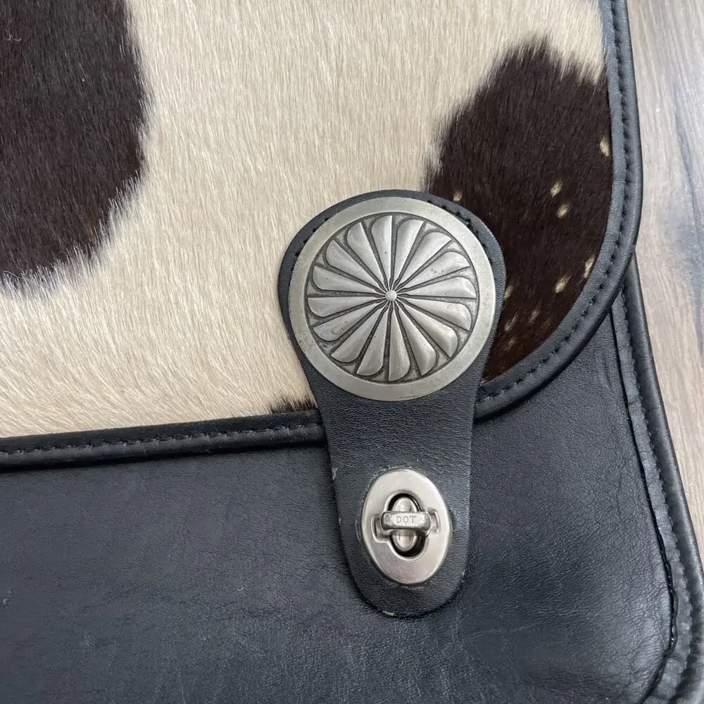 Vintage Leather Crossbody Bag Silver Concho Western Boho Briefcase Calf Hair EUC